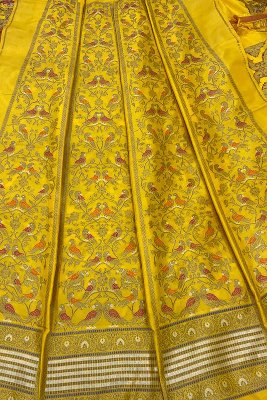Yellow Banarasi Pure Katan Silk Unstitched Lehenga Set - Luxurion World