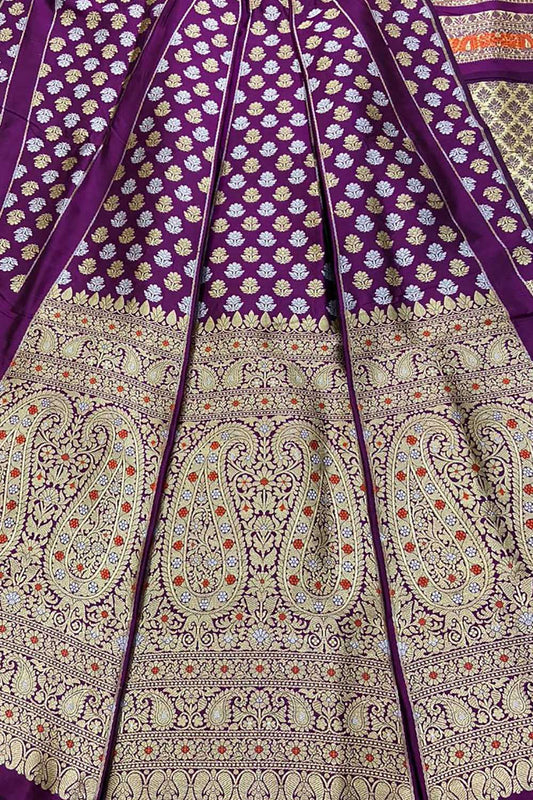 Purple Banarasi Pure Katan Silk Unstitched Lehenga Set - Luxurion World