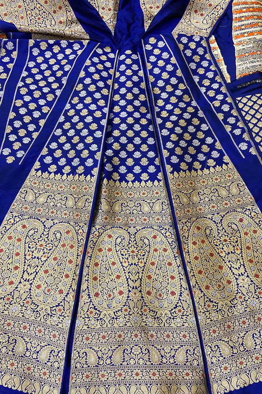 Blue Banarasi Pure Katan Silk Unstitched Lehenga Set - Luxurion World