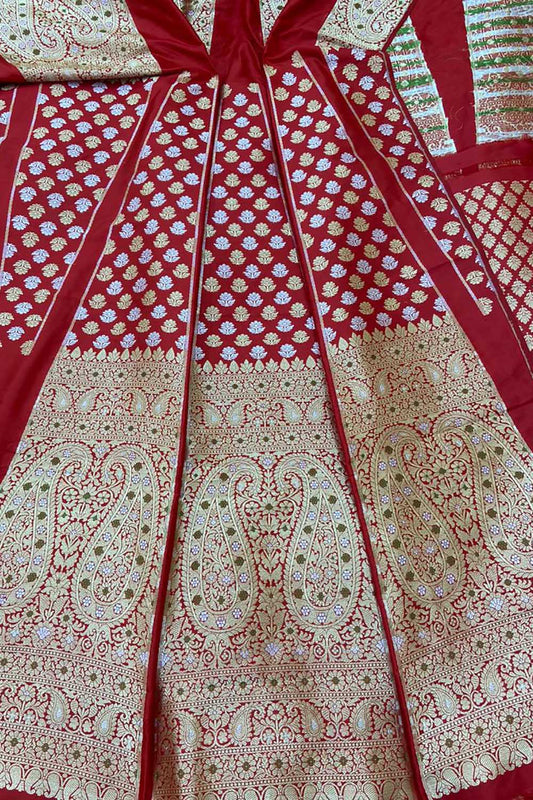 Red Banarasi Pure Katan Silk Unstitched Lehenga Set - Luxurion World