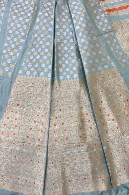 Grey Banarasi Pure Katan Silk Unstitched Lehenga Set - Luxurion World