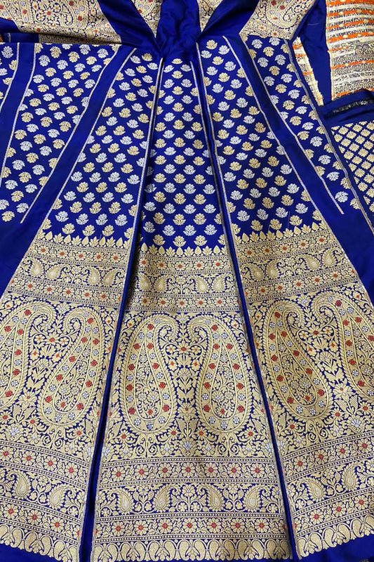 Blue Banarasi Pure Katan Silk Unstitched Lehenga Set - Luxurion World
