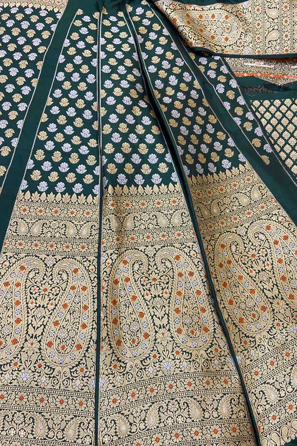 Green Banarasi Pure Katan Silk Unstitched Lehenga Set - Luxurion World