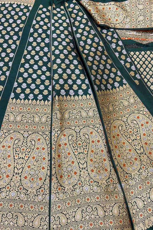 Green Banarasi Pure Katan Silk Unstitched Lehenga Set - Luxurion World