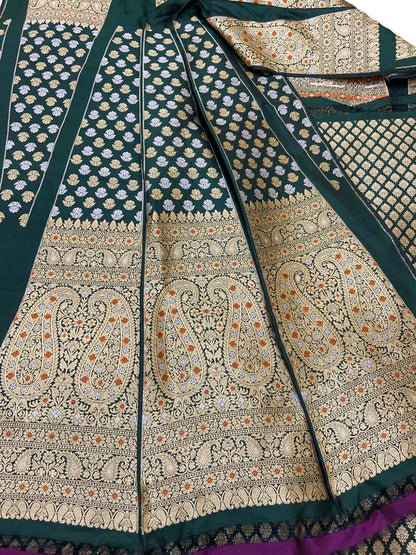Green Banarasi Pure Katan Silk Unstitched Lehenga Set - Luxurion World