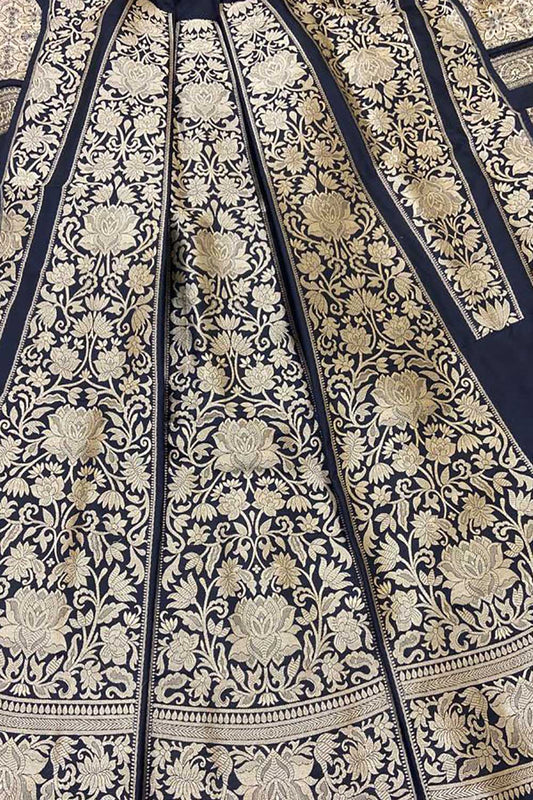 Black Banarasi Pure Katan Silk Unstitched Lehenga Set - Luxurion World