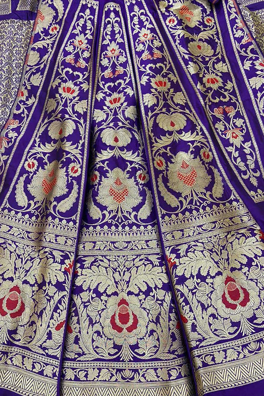 Purple Banarasi Pure Katan Silk Unstitched Lehenga Set - Luxurion World