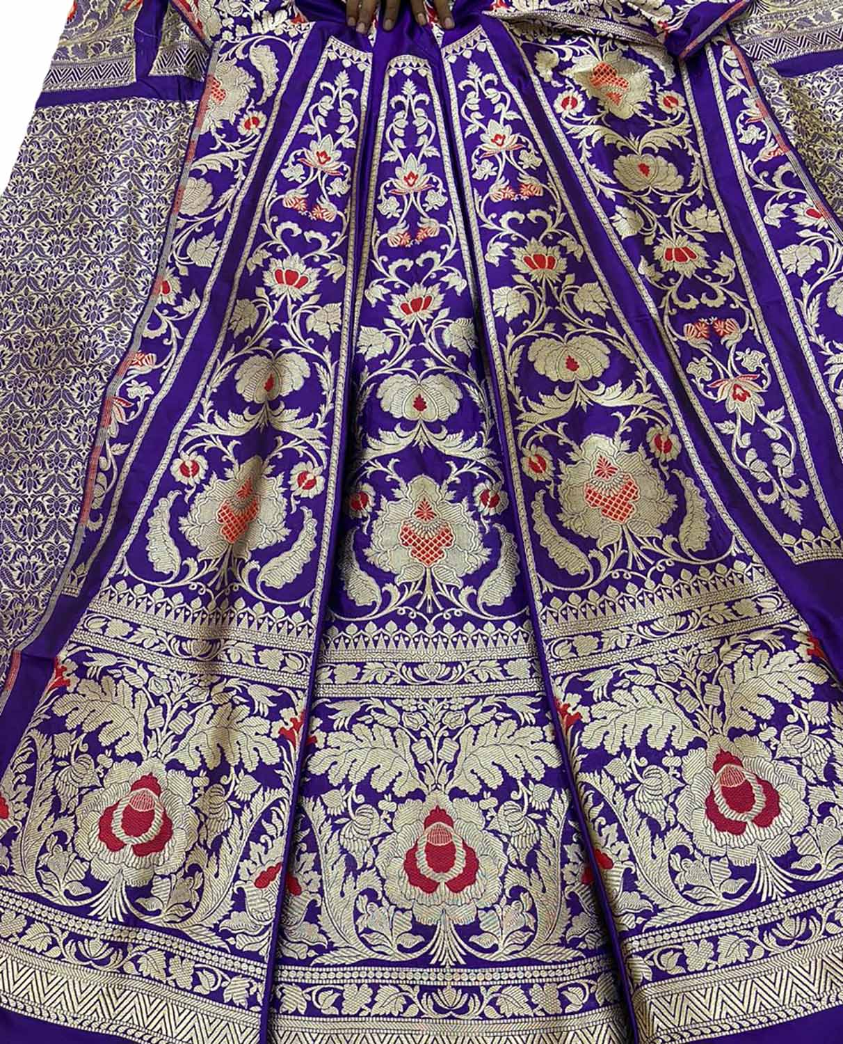 Purple Banarasi Pure Katan Silk Unstitched Lehenga Set - Luxurion World