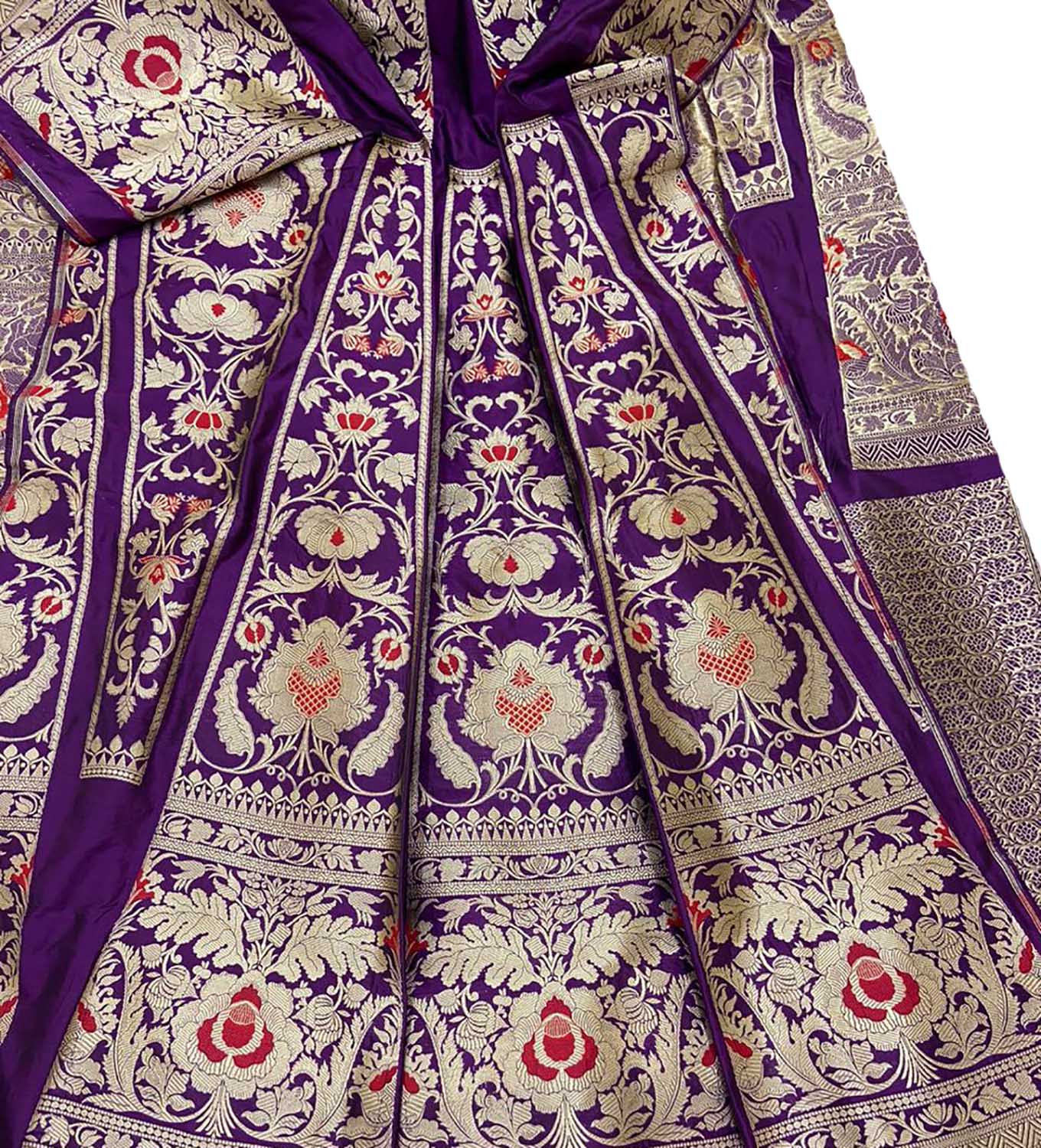 Purple Banarasi Pure Katan Silk Unstitched Lehenga Set - Luxurion World
