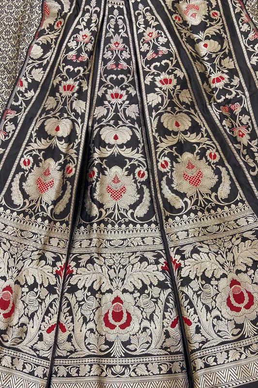 Black Banarasi Pure Katan Silk Unstitched Lehenga Set - Luxurion World