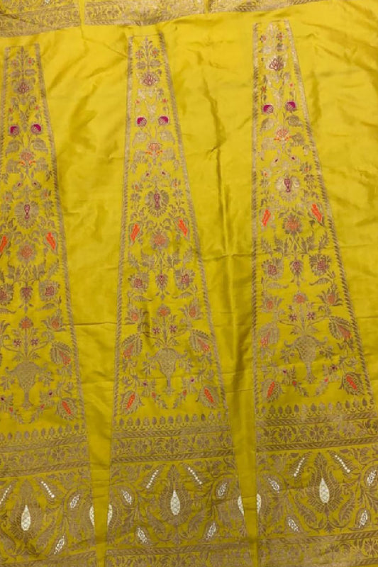 Yellow Banarasi Pure Katan Silk Unstitched Lehenga Set - Luxurion World