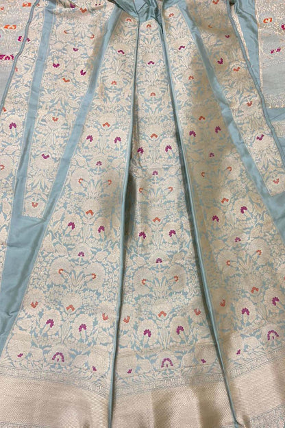 Blue Banarasi Pure Katan Silk Unstitched Lehenga Set - Luxurion World