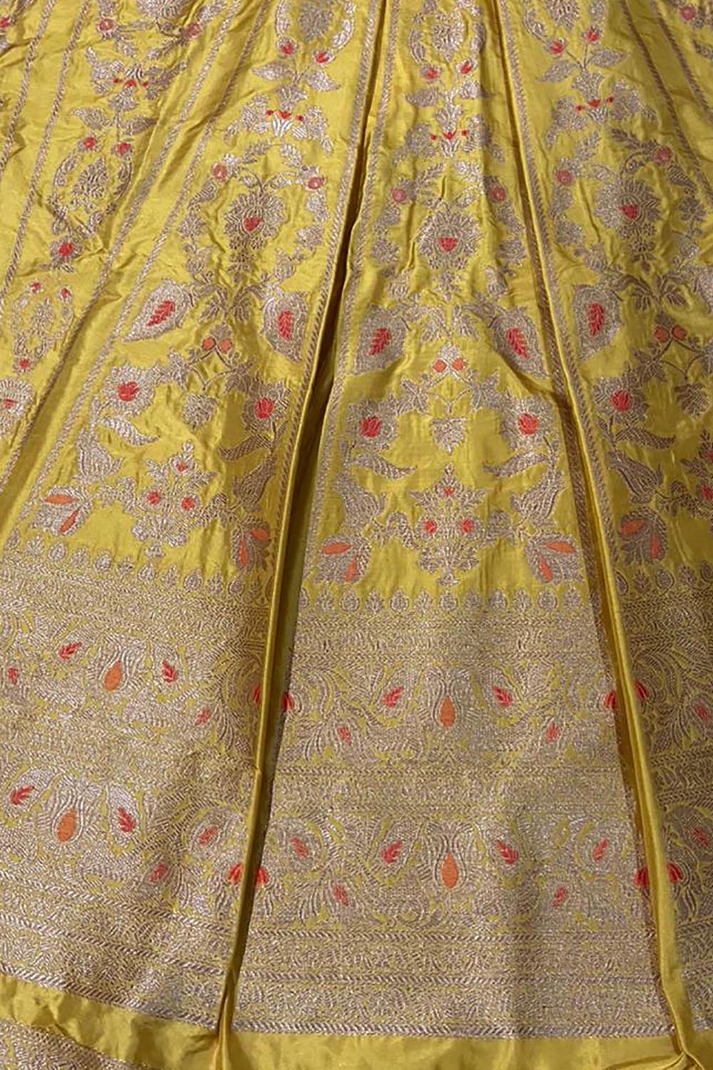 Yellow Banarasi Pure Katan Silk Unstitched Lehenga Set - Luxurion World
