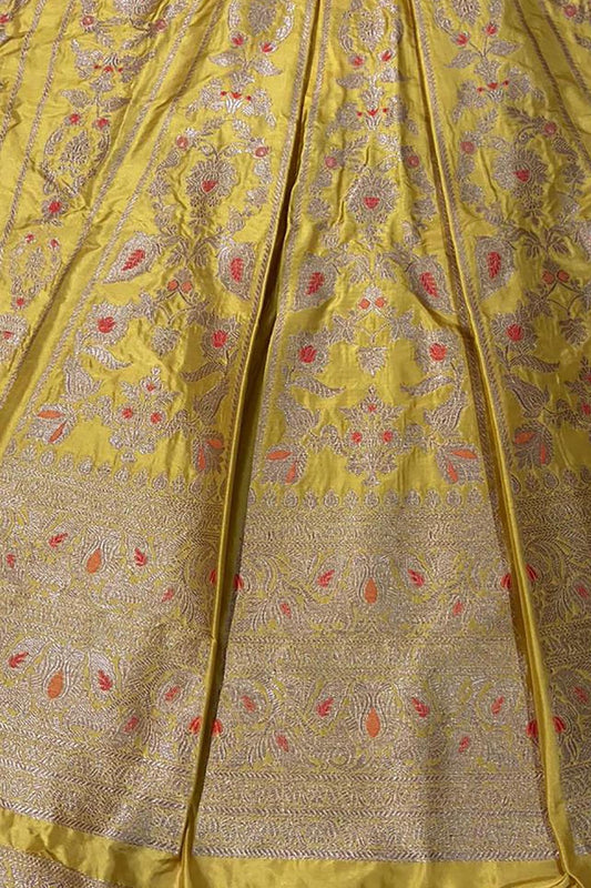 Yellow Banarasi Pure Katan Silk Unstitched Lehenga Set - Luxurion World