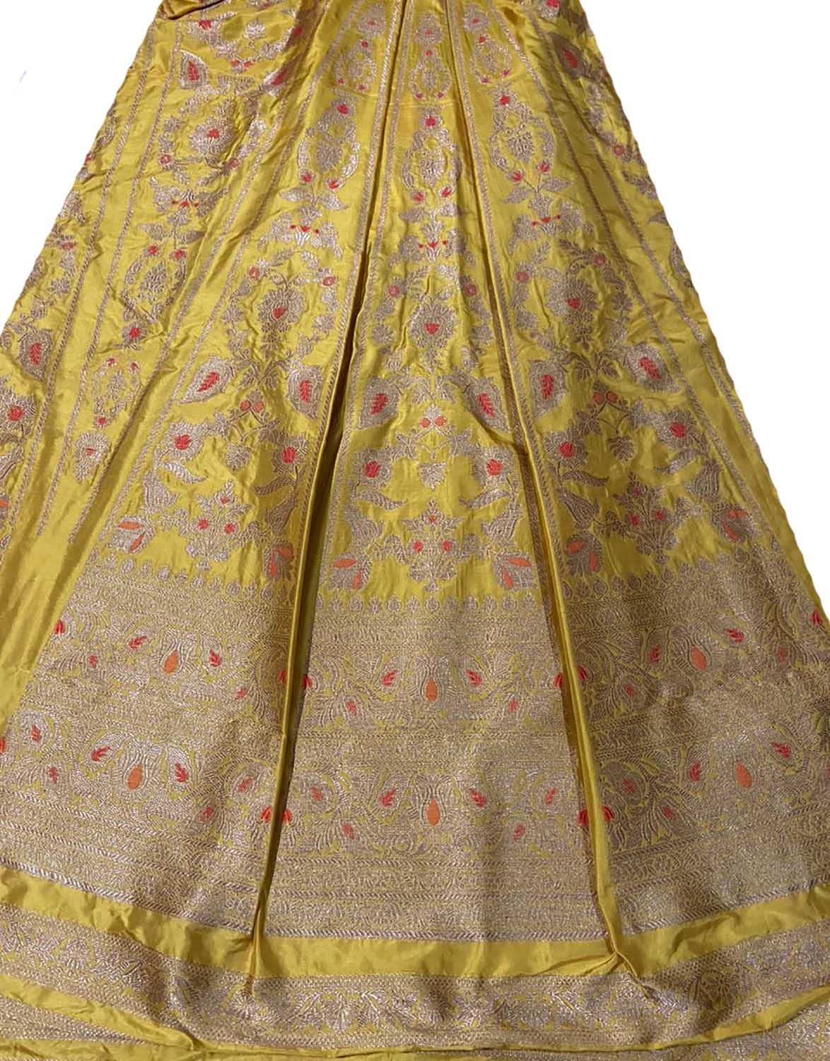 Yellow Banarasi Pure Katan Silk Unstitched Lehenga Set - Luxurion World