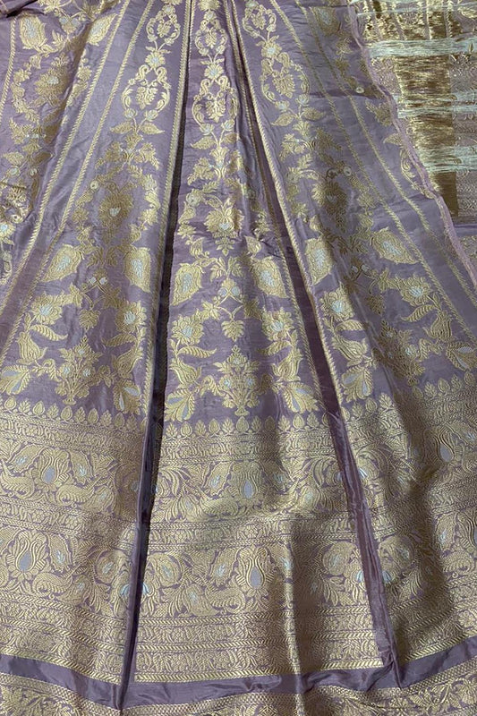 Purple Banarasi Pure Katan Silk Unstitched Lehenga Set - Luxurion World