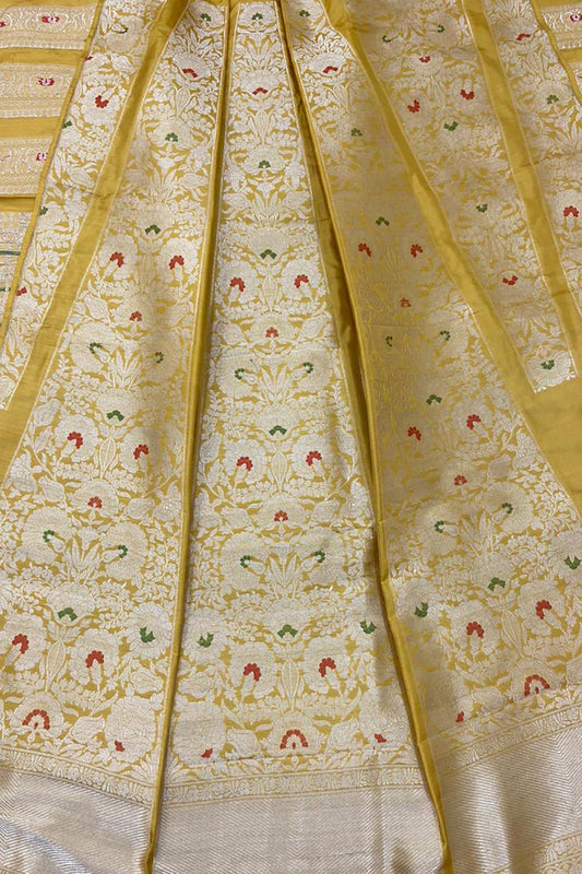 Yellow Banarasi Pure Katan Silk Unstitched Lehenga Set - Luxurion World