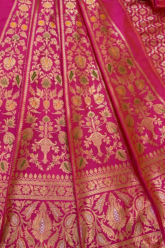 Pink Banarasi Pure Katan Silk Unstitched Lehenga Set - Luxurion World