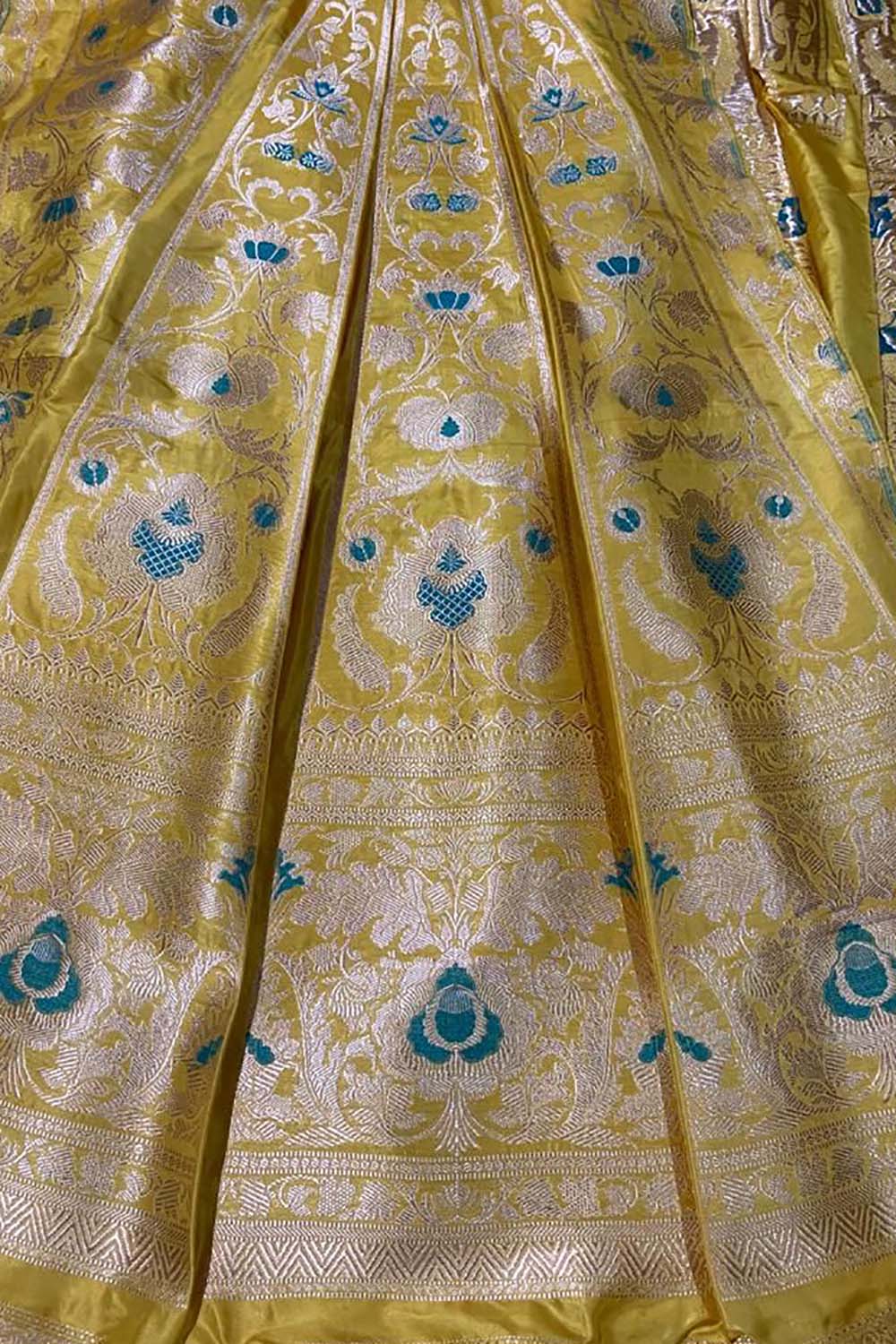 Yellow Banarasi Pure Katan Silk Unstitched Lehenga Set - Luxurion World