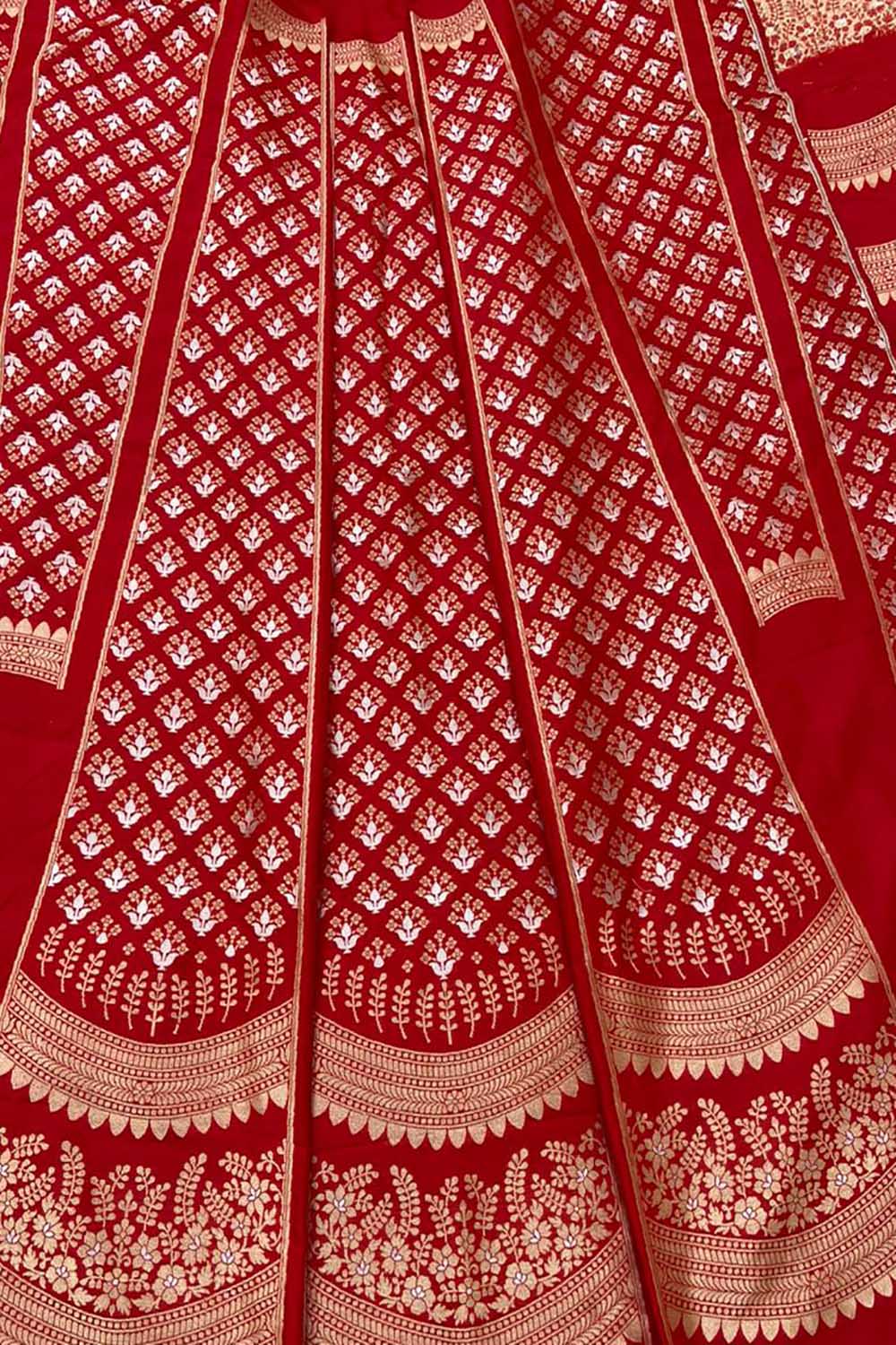 Red Banarasi Pure Katan Silk Unstitched Lehenga Set - Luxurion World