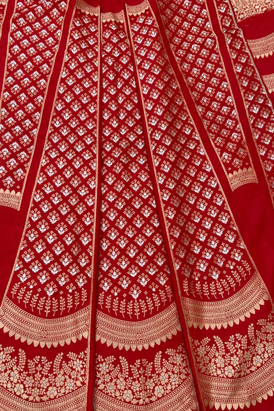 Red Banarasi Pure Katan Silk Unstitched Lehenga Set - Luxurion World