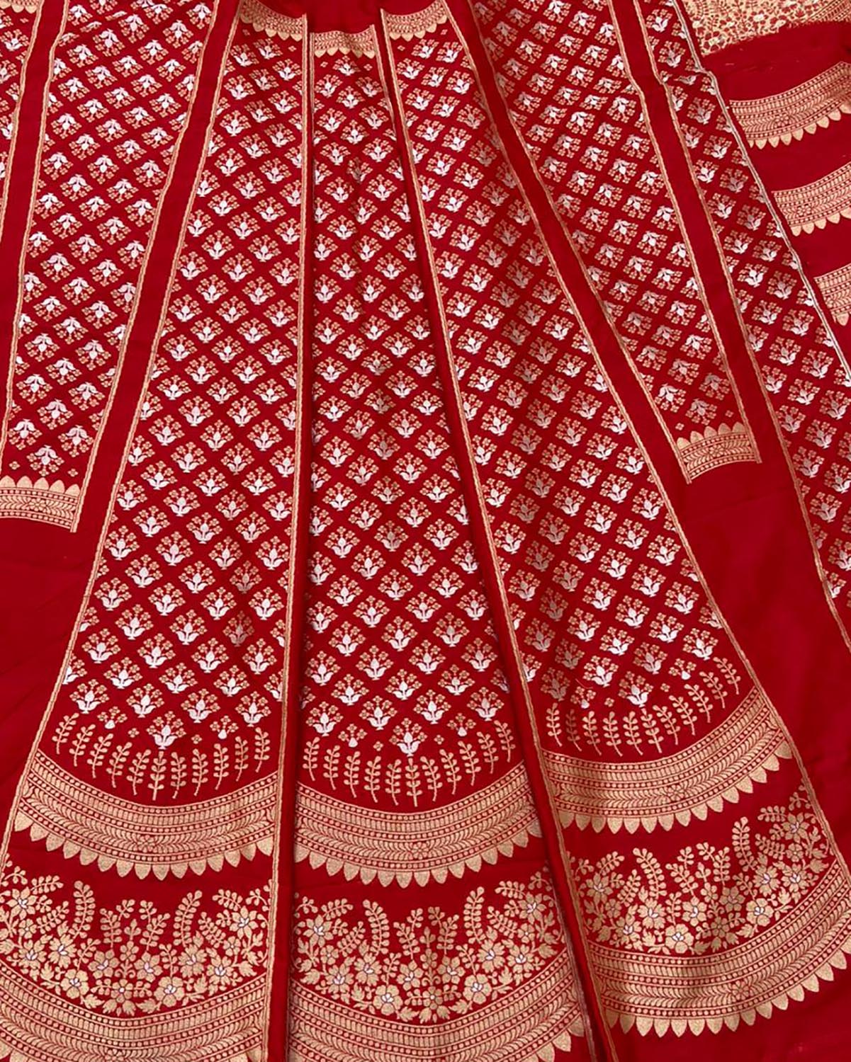 Red Banarasi Pure Katan Silk Unstitched Lehenga Set - Luxurion World