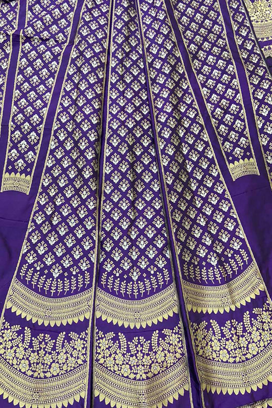 Purple Banarasi Pure Katan Silk Unstitched Lehenga Set - Luxurion World