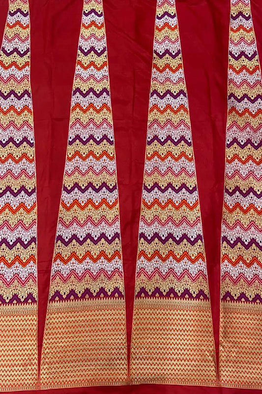 Red Banarasi Pure Katan Silk Unstitched Lehenga Set - Luxurion World