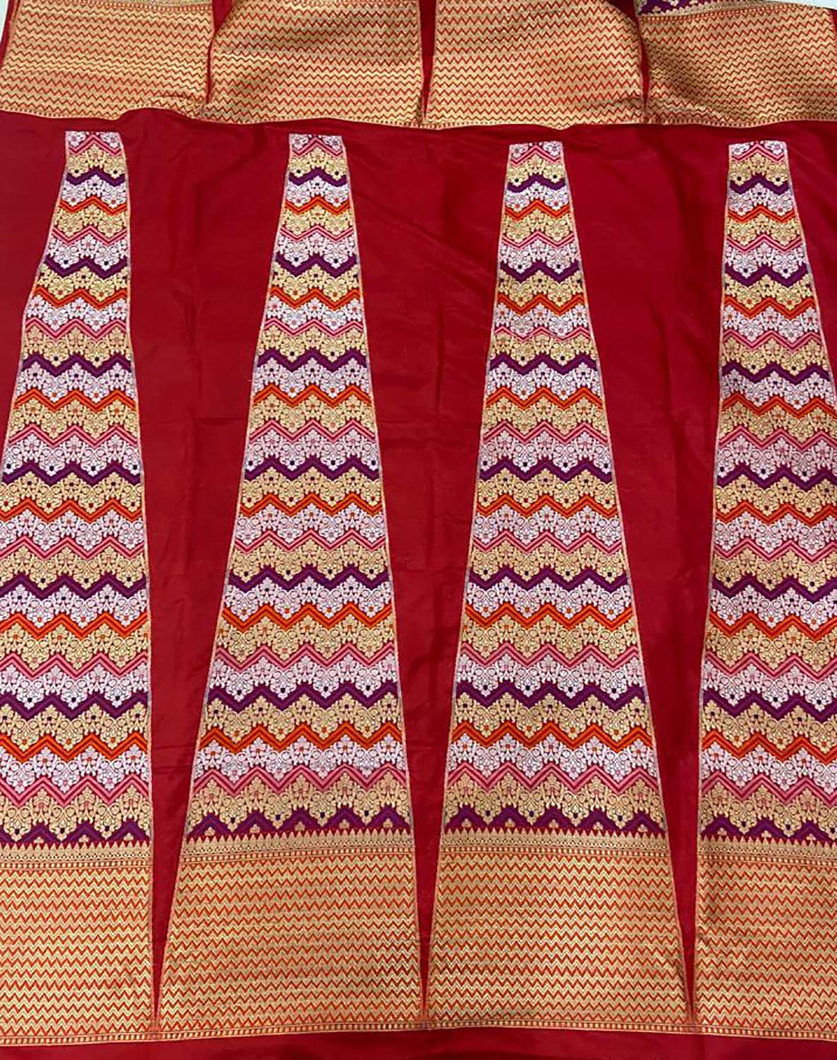 Red Banarasi Pure Katan Silk Unstitched Lehenga Set - Luxurion World