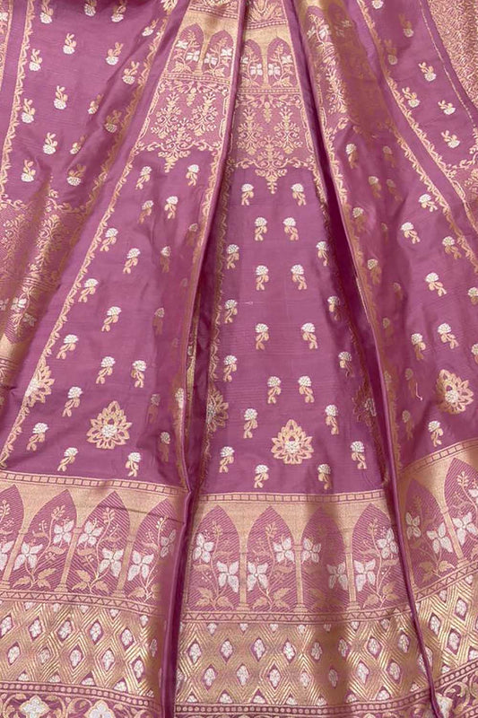 Pink Banarasi Pure Katan Silk Unstitched Lehenga Set - Luxurion World