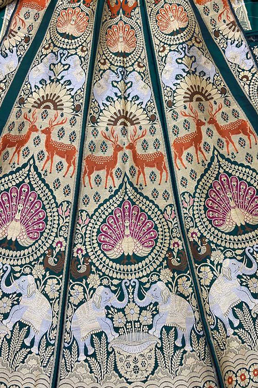 Green Banarasi Pure Katan Silk Unstitched Lehenga Set - Luxurion World