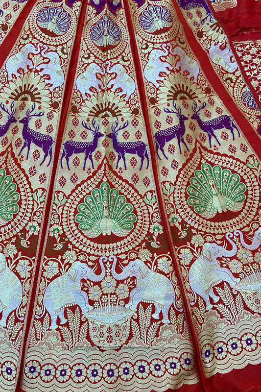 Red Banarasi Pure Katan Silk Unstitched Lehenga Set - Luxurion World