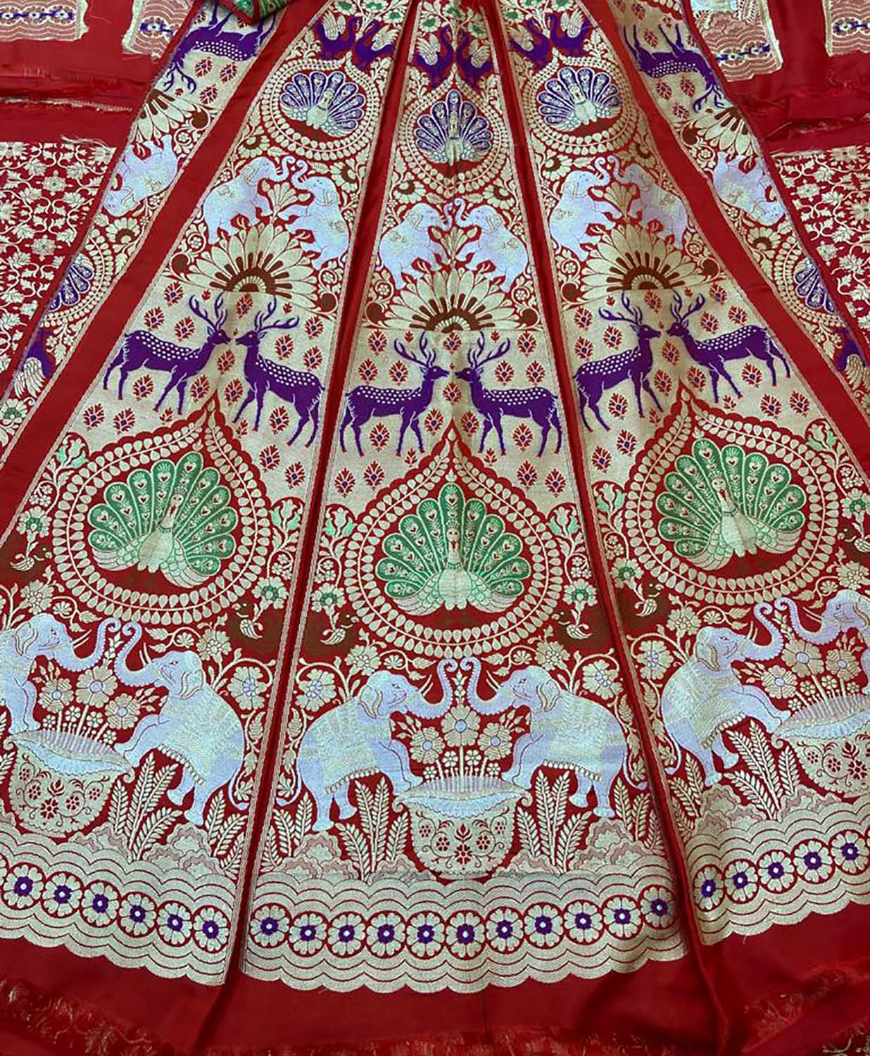 Red Banarasi Pure Katan Silk Unstitched Lehenga Set - Luxurion World