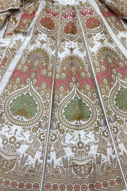 Off White Banarasi Pure Katan Silk Unstitched Lehenga Set - Luxurion World