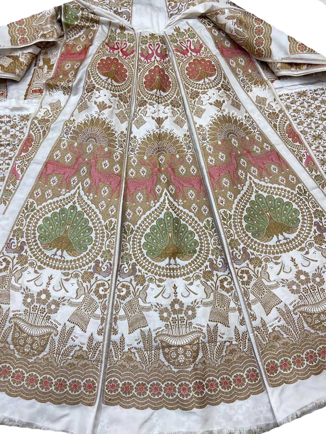 Off White Banarasi Pure Katan Silk Unstitched Lehenga Set - Luxurion World