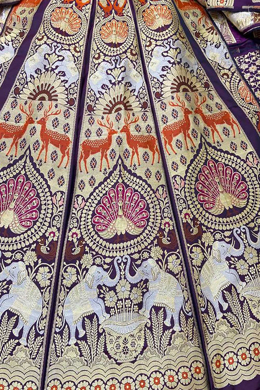 Purple Banarasi Pure Katan Silk Unstitched Lehenga Set - Luxurion World