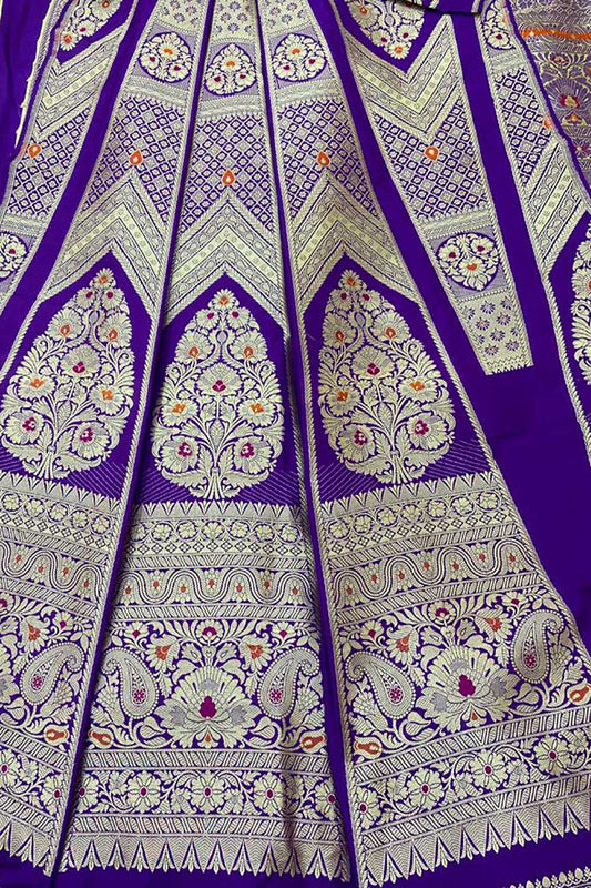 Purple Banarasi Pure Katan Silk Unstitched Lehenga Set - Luxurion World