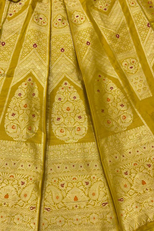 Yellow Banarasi Pure Katan Silk Unstitched Lehenga Set - Luxurion World
