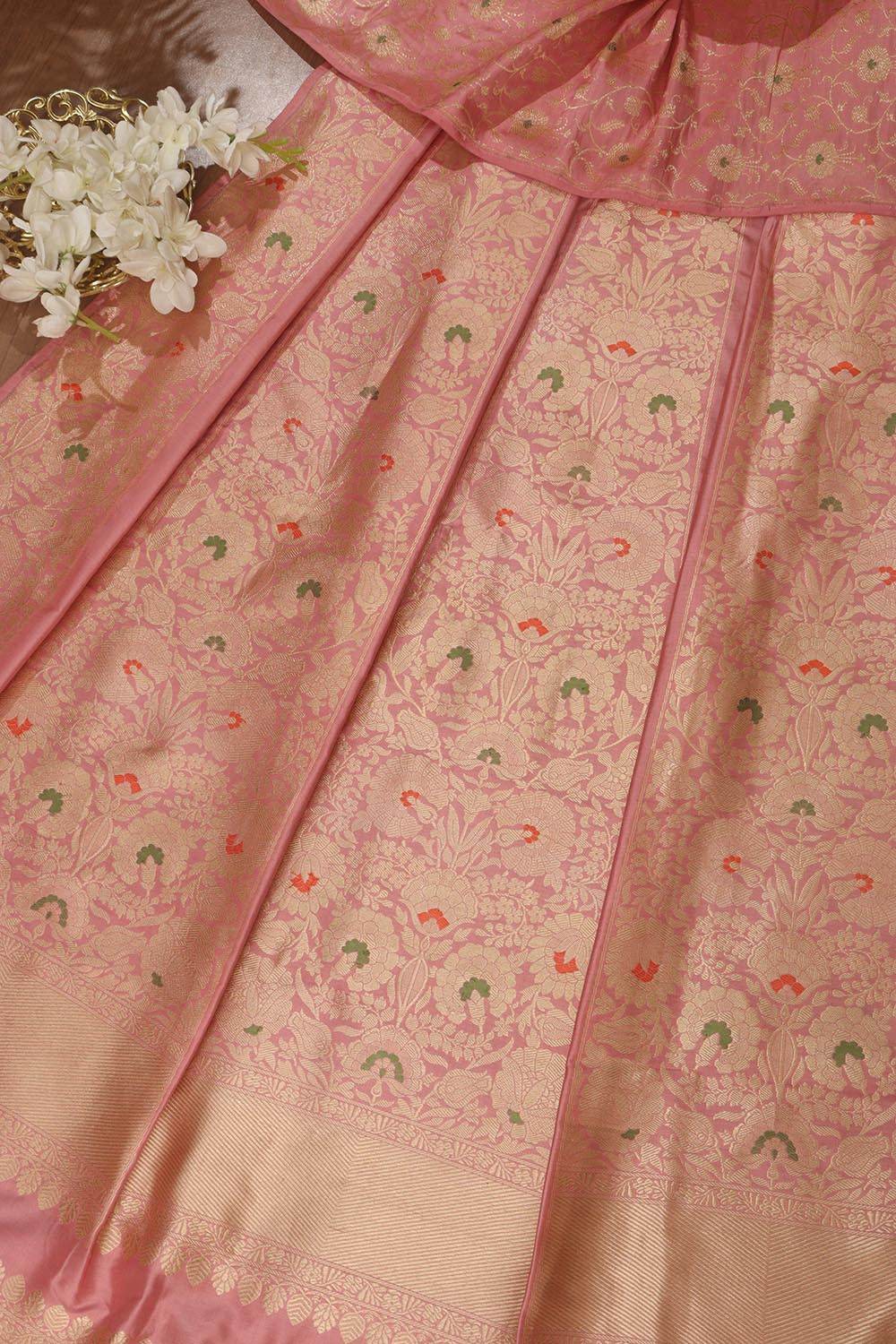 Pink Banarasi Pure Katan Silk Unstitched Lehenga Set - Luxurion World