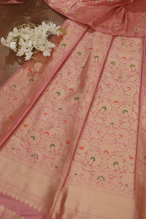 Pink Banarasi Pure Katan Silk Unstitched Lehenga Set - Luxurion World