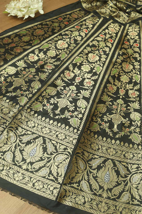 Black Banarasi Pure Katan Silk Unstitched Lehenga Set - Luxurion World