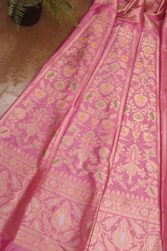Pink Banarasi Pure Katan Silk Unstitched Lehenga Set