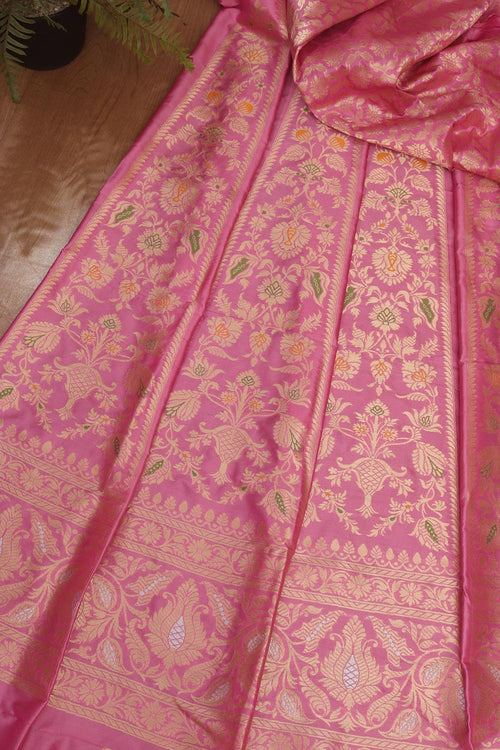 Pink Banarasi Pure Katan Silk Unstitched Lehenga Set - Luxurion World