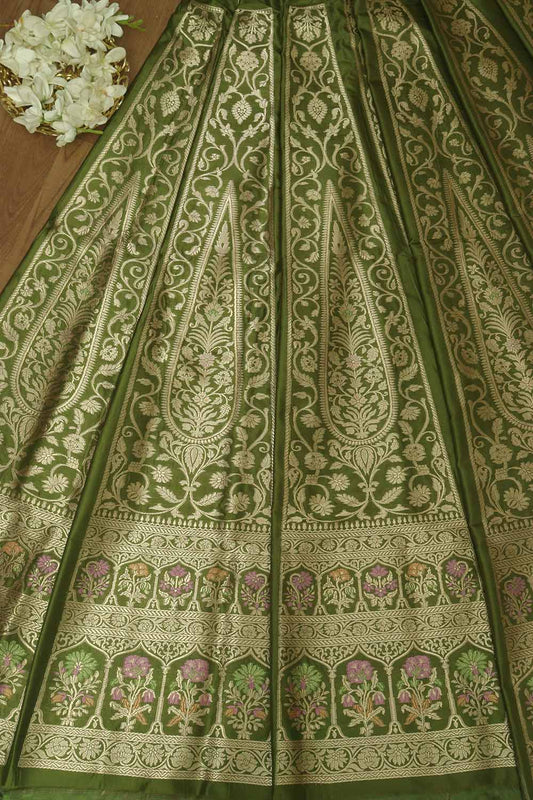 Green Banarasi Pure Katan Silk Unstitched Lehenga Set - Luxurion World