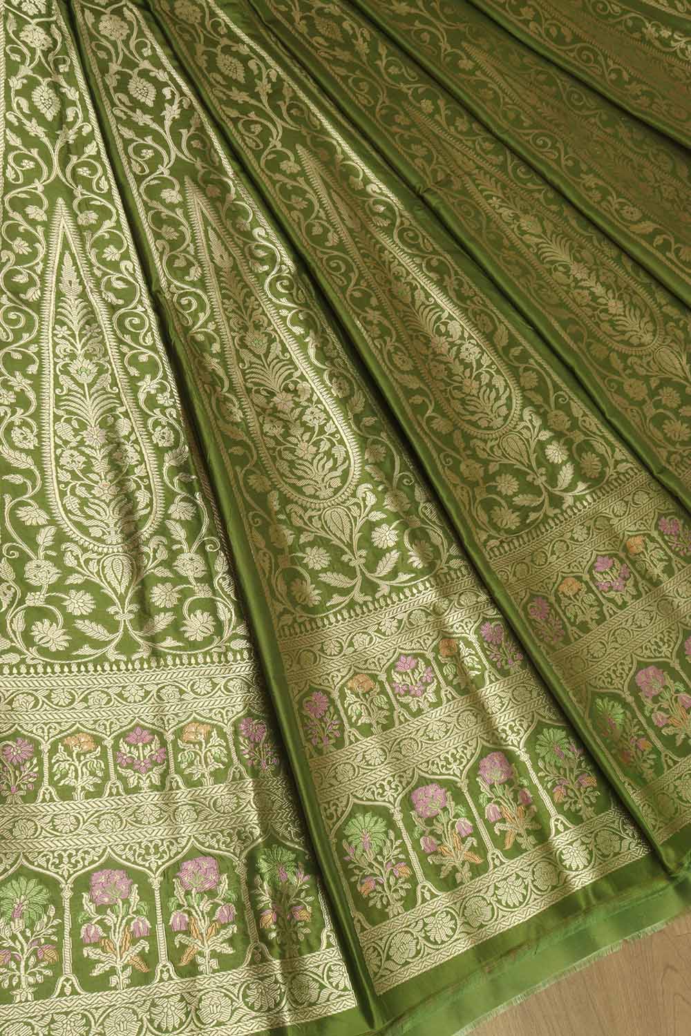 Green Banarasi Pure Katan Silk Unstitched Lehenga Set - Luxurion World