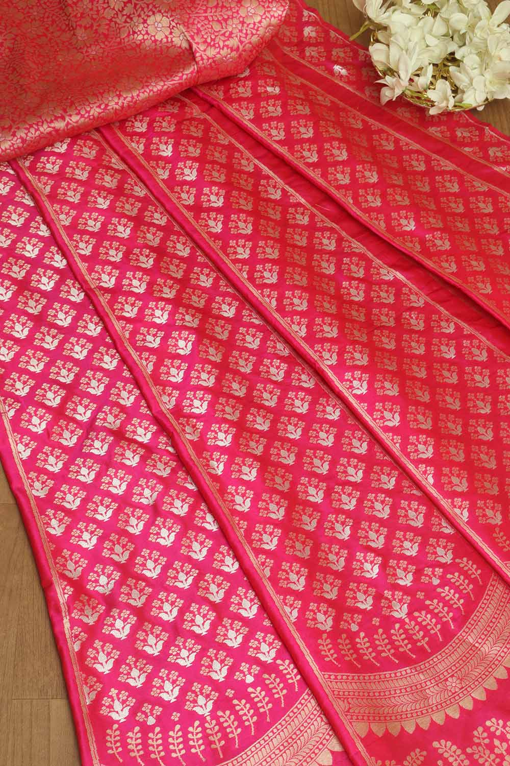 Pink Banarasi Pure Katan Silk Unstitched Lehenga Set - Luxurion World