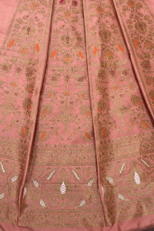 Luxurious Peach Pure Katan Silk Handloom Banarasi Lehenga - Luxurion World