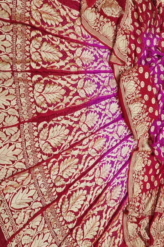 Stunning Red & Pink Banarasi Bandhani Georgette Lehenga Set - Luxurion World