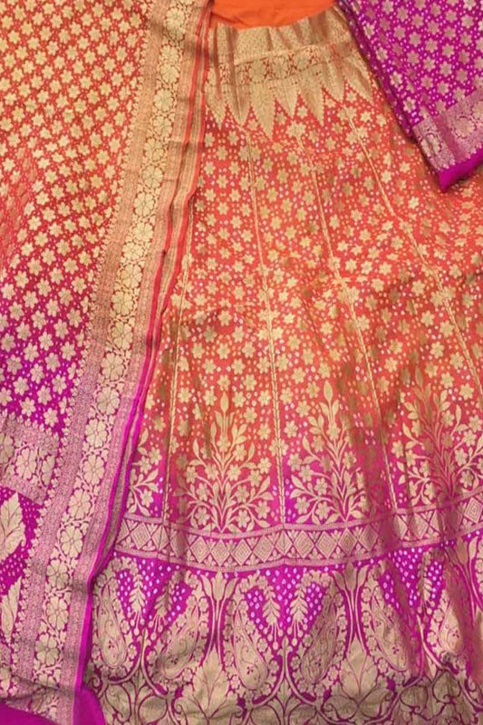 Orange And Pink Banarasi Bandhani Pure Georgette Semi Stitched Lehenga - Luxurion World
