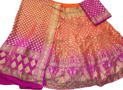Orange And Pink Banarasi Bandhani Pure Georgette Semi Stitched Lehenga - Luxurion World
